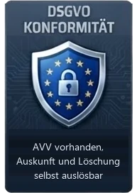 DSGVO-Konformität: Auftragsverarbeitungsvertrag vorhanden, Auskunft und Löschung selbst auslösbar.
